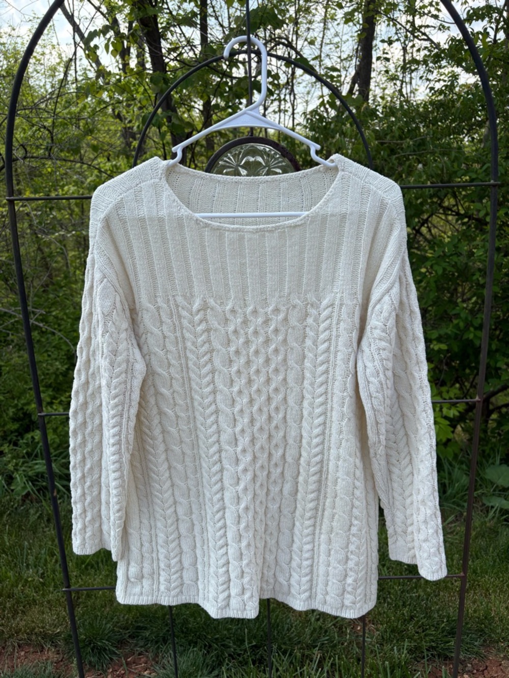Women's Cream Cable Knit Sweater Soft Comfy Knitwear Cottage Neutral Medium Crew